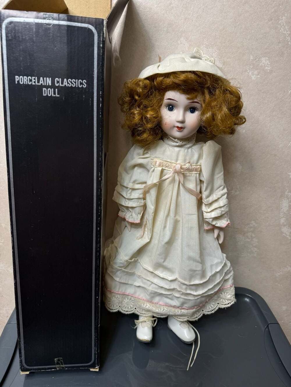 Porcelain Classics Doll Size 16 White Dress Red Hair Porcelain